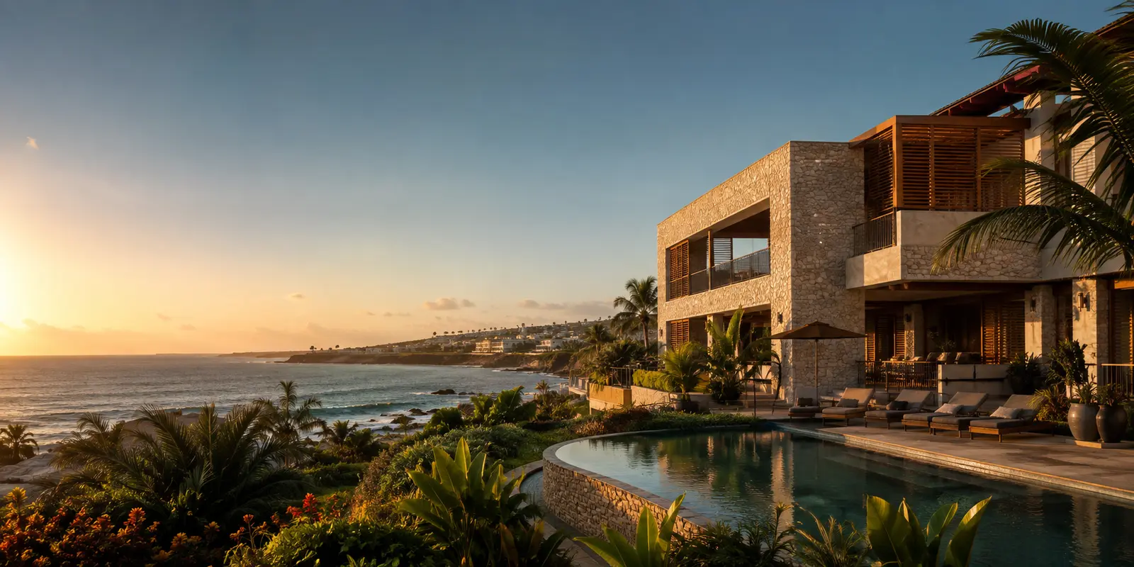 Cape Breeze hotel overlooking the Atlantic coast at sunset
