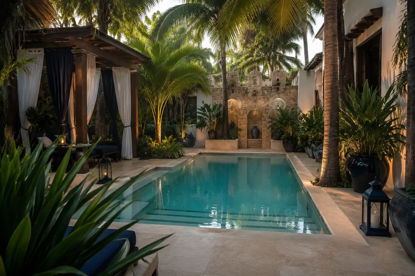 Peaceful pool courtyard surrounded by tropical plants